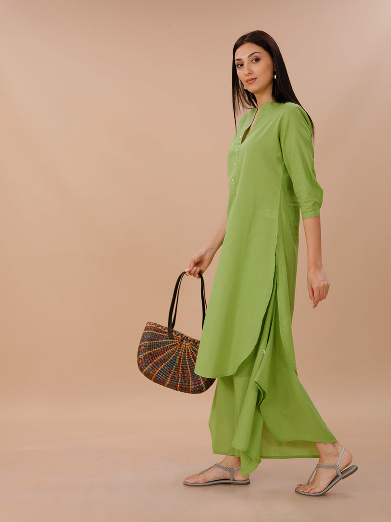 Green Cotton Straight Kurta Paired With Asymmetrical Pants