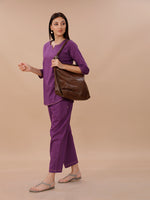 Purple Cotton Shirt Kurta And Pant Coord Set With Yellow Contrast Stitch Detail.