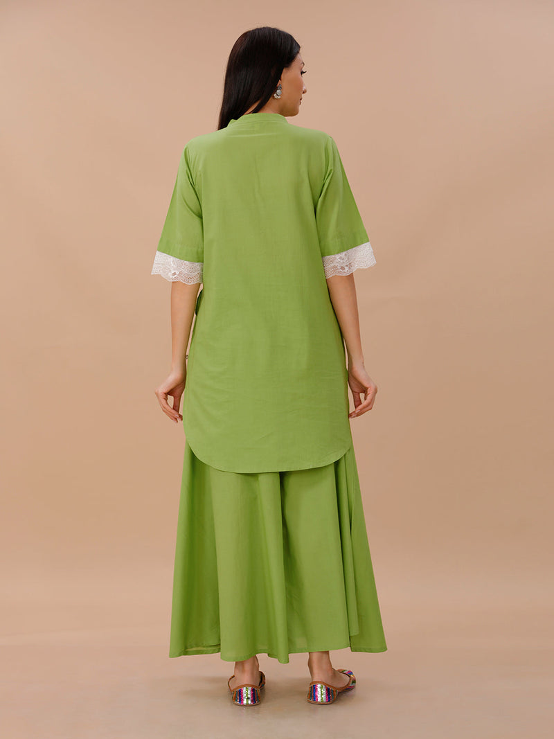 Green Cotton Shirt Kurta And Sharara Set With Lace Inserts At Sleeve Opening.