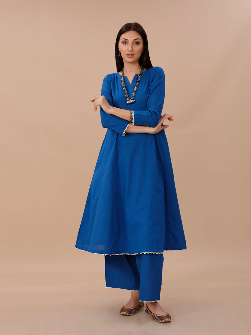 Blue Cotton A Line Kurta With Loose Pants With Silver Gota Details