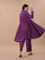 Purple Cotton Asymmetrical Kurta With Collar, Paired With Pants