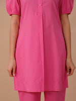 Pink Cotton Kurta With Puff Sleeves Paired With Straight Pants