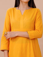 Yellow Cotton A Line Kurta With Loose Pants With Goldan Gota Details