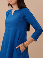 Blue Cotton A Line Kurta With Loose Pants With Silver Gota Details