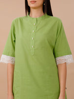 Green Cotton Shirt Kurta And Sharara Set With Lace Inserts At Sleeve Opening.