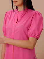 Pink Cotton Kurta With Puff Sleeves Paired With Straight Pants