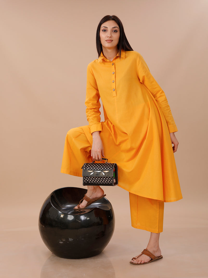Yellow Cotton Asymmetrical Kurta With Collar, Paired With Pants