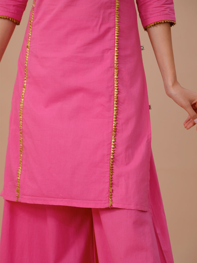 Pink Cotton Sharara And Straight Kurta Set With Golden Gota Details