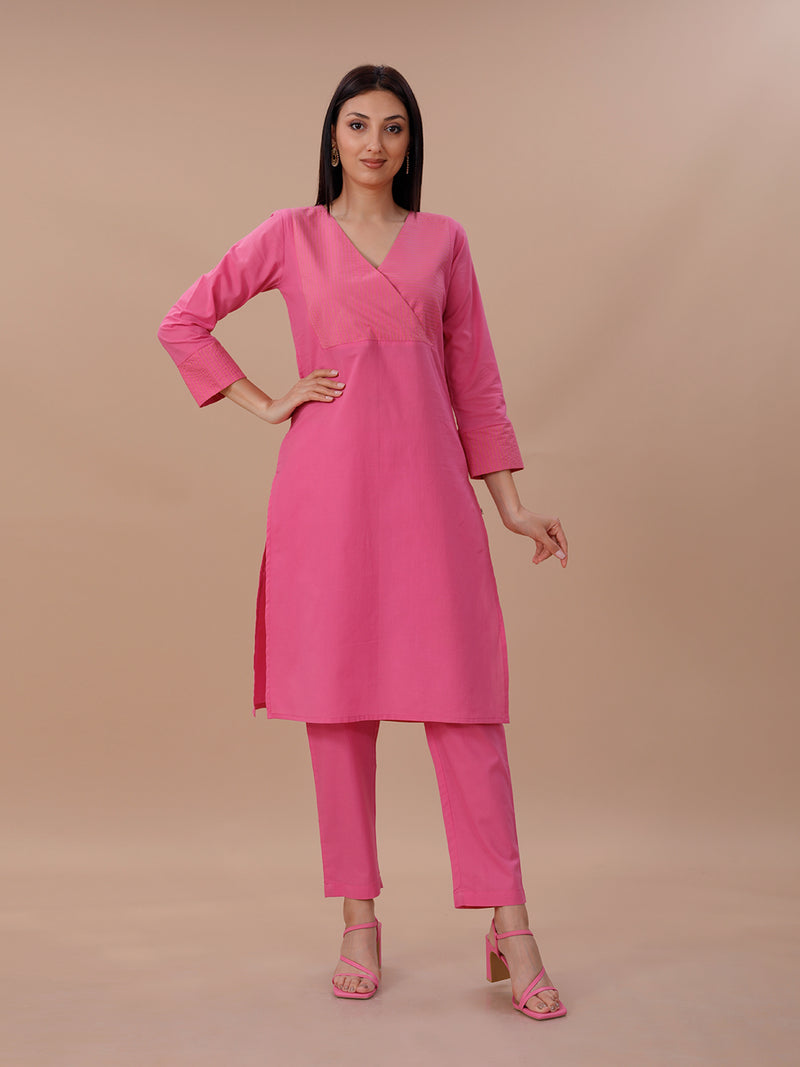 Pink Straight Kurta With Yellow Thread Tagai At Yoke, Paired With Straight Pants