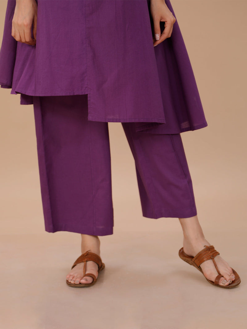 Purple Cotton Asymmetrical Kurta With Collar, Paired With Pants