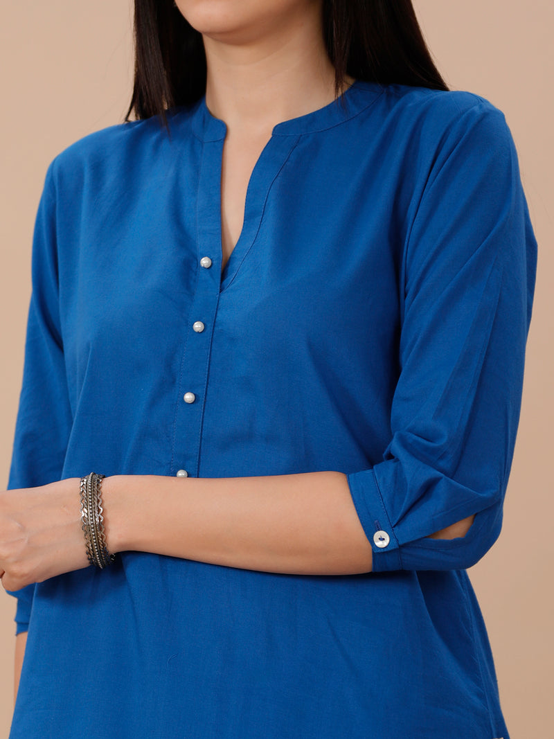 Blue Cotton Straight Kurta Paired With Asymmetrical Pants