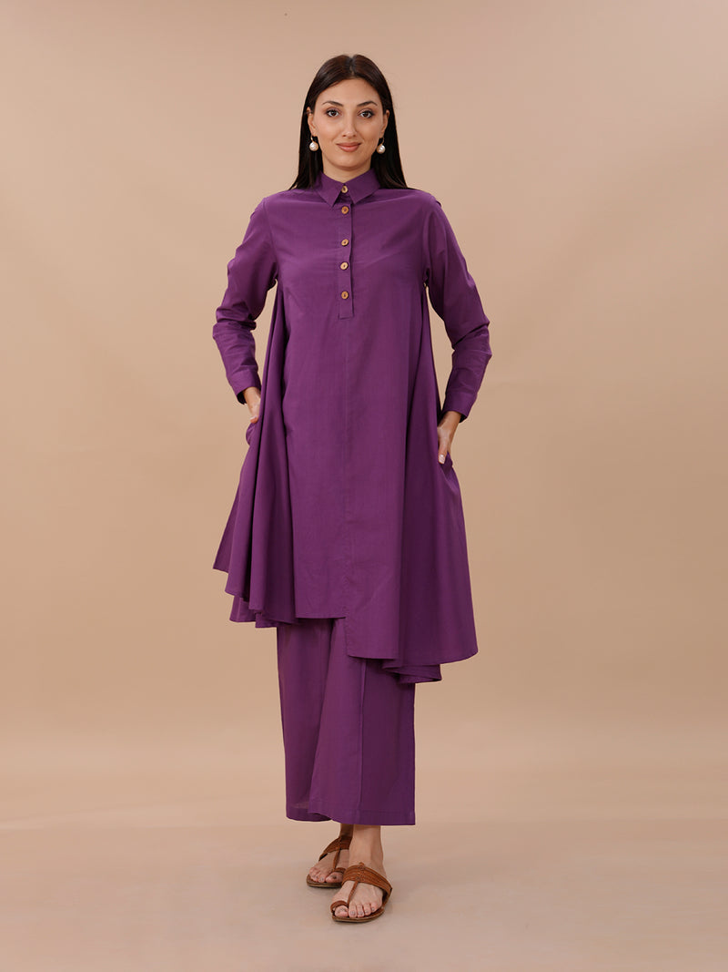 Purple Cotton Asymmetrical Kurta With Collar, Paired With Pants