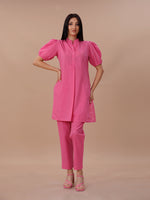 Pink Cotton Kurta With Puff Sleeves Paired With Straight Pants
