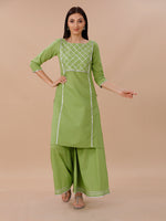 Green Cotton Sharara And Straight Kurta Set With Silver Gota Details