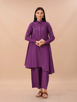 Purple Cotton Asymmetrical Kurta With Collar, Paired With Pants