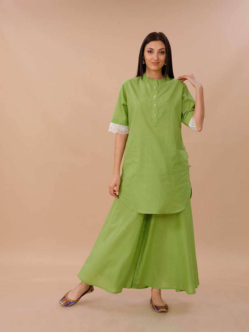 Green Cotton Shirt Kurta And Sharara Set With Lace Inserts At Sleeve Opening.