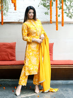 Yellow Cotton Print Aline Kurta with Gota Embellished Pant 3 pc Set with Dupatta