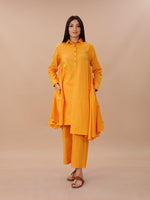 Yellow Cotton Asymmetrical Kurta With Collar, Paired With Pants