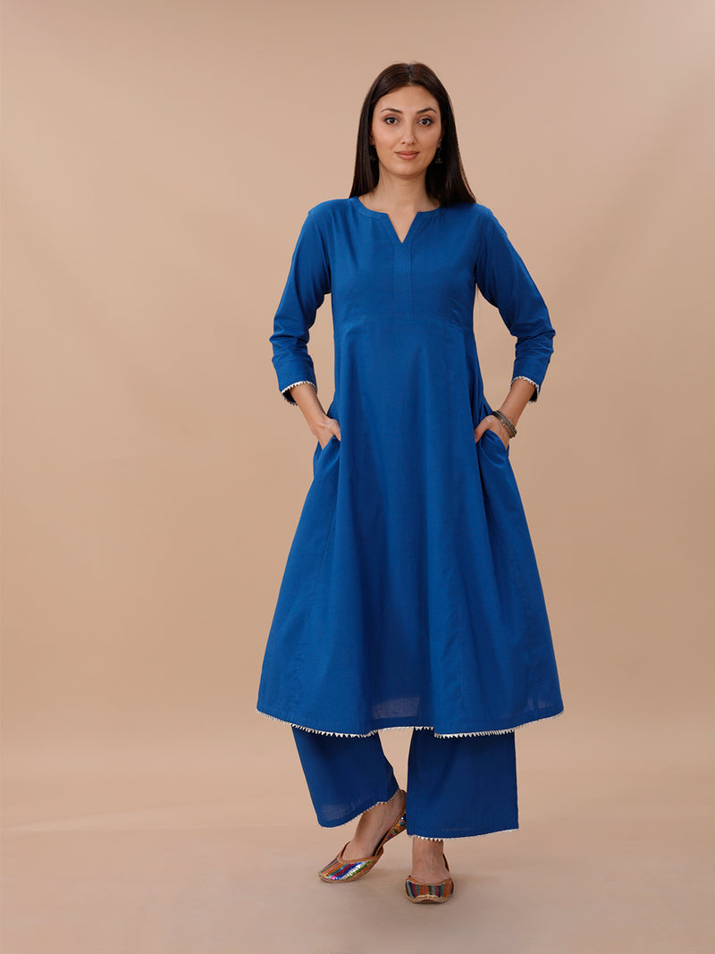 Blue Cotton A Line Kurta With Loose Pants With Silver Gota Details