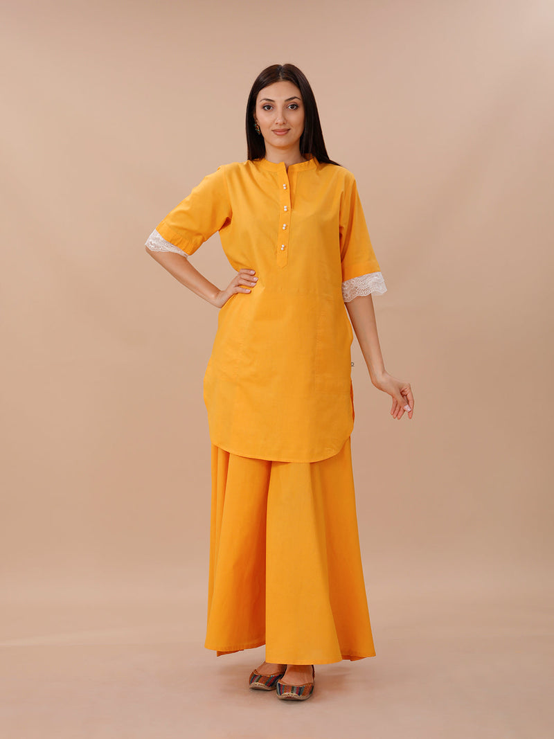 Yellow Cotton Shirt Kurta And Sharara Set With Lace Inserts At Sleeve Opening.