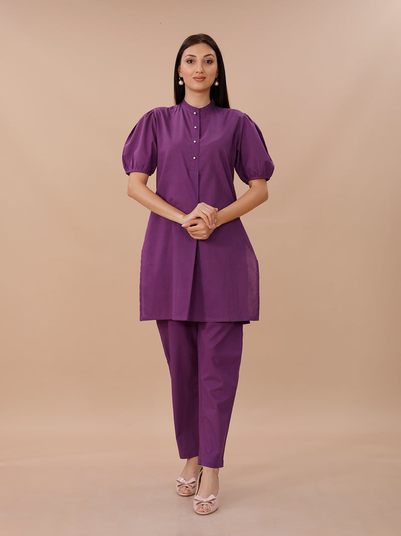 Purple Cotton Kurta With Puff Sleeves Paired With Straight Pants