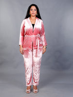Pink velvet coat with tie up belt and mathcing straight pants