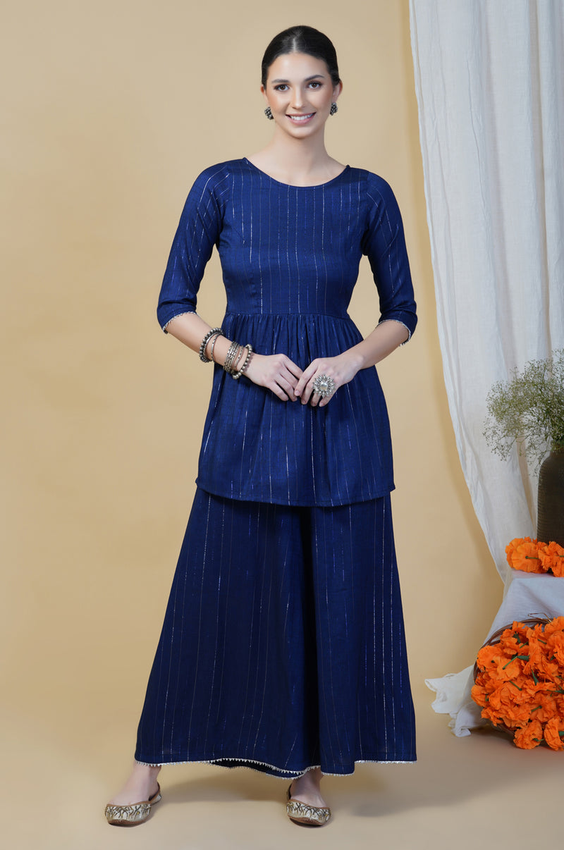 Women navy blue linen cotton self design lurex peplum top and sharara set