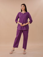 Purple Cotton Shirt Kurta And Pant Coord Set With Yellow Contrast Stitch Detail.