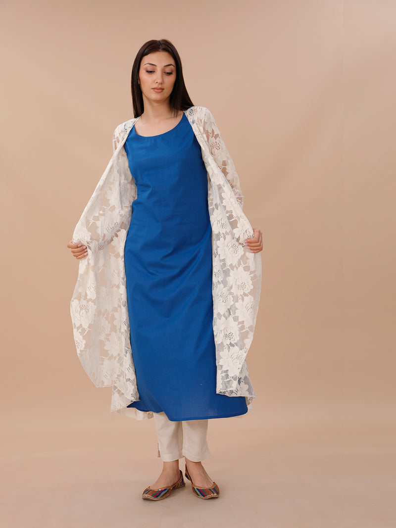 Set Of 3, Sleeveless Blue Cotton Straight Kurta With Pant An Off-White Lace Long Shrug