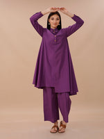 Purple Cotton Asymmetrical Kurta With Collar, Paired With Pants