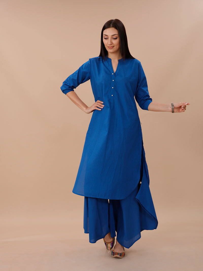 Blue Cotton Straight Kurta Paired With Asymmetrical Pants