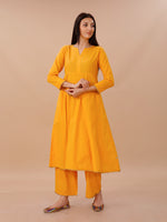 Yellow Cotton A Line Kurta With Loose Pants With Goldan Gota Details