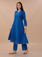 Blue Cotton A Line Kurta With Loose Pants With Silver Gota Details