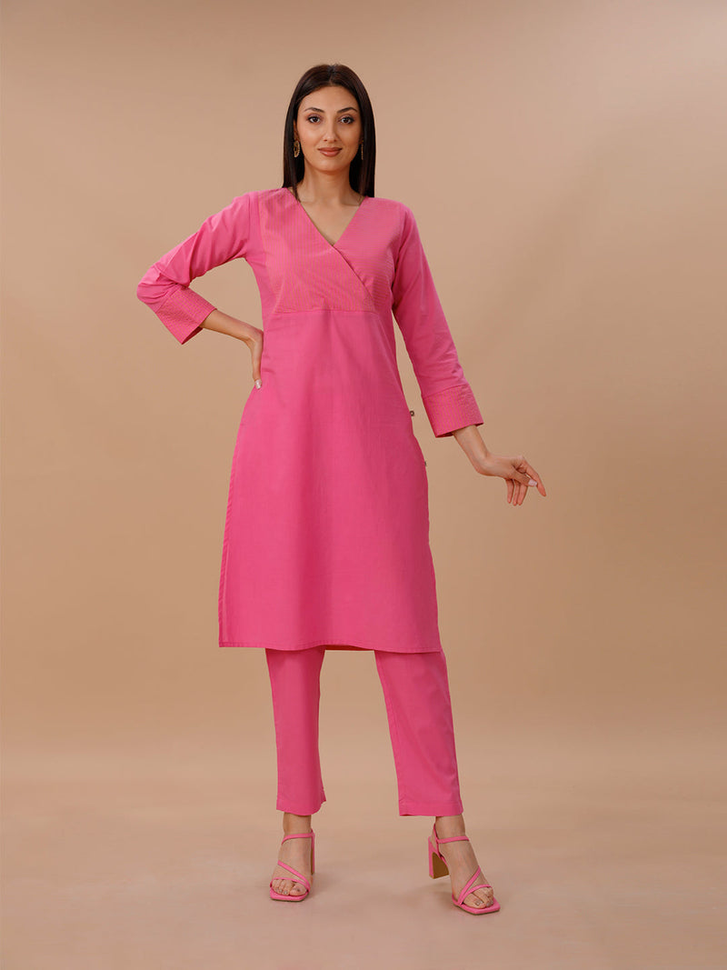 Pink Straight Kurta With Yellow Thread Tagai At Yoke, Paired With Straight Pants