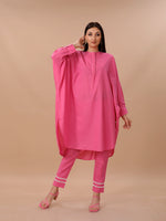 Pink Cotton Loose Fit Kurta With Contrast Stitch Paired With Straight Pants With Lace Inserts.