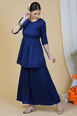 Women navy blue linen cotton self design lurex peplum top and sharara set