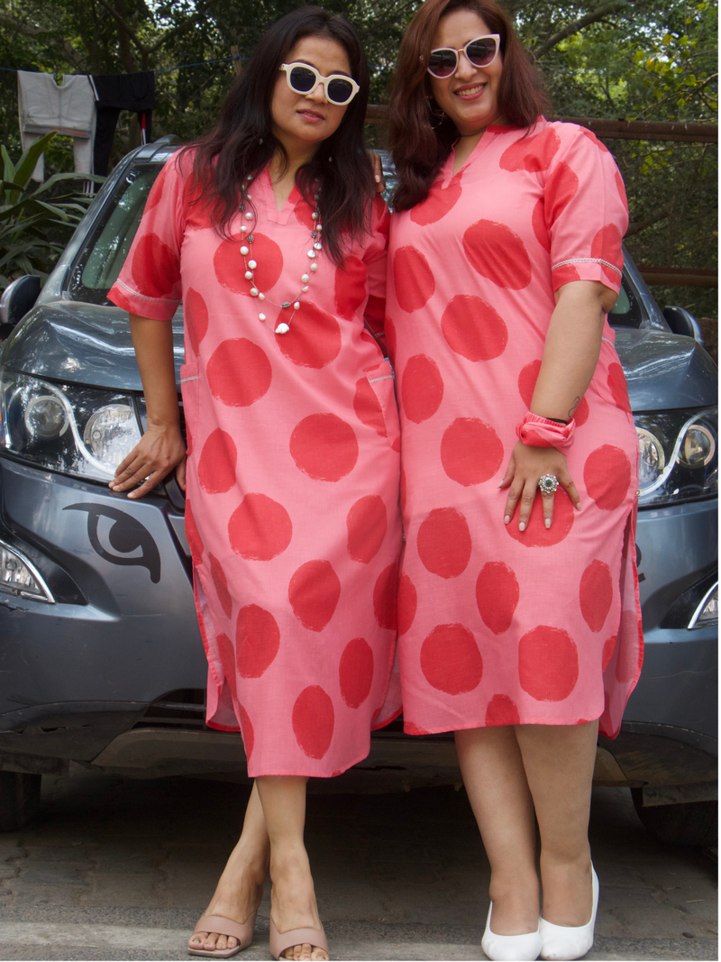 Red and pink polka straight dress/tunic/kurta with patch pockets