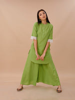 Green Cotton Shirt Kurta And Sharara Set With Lace Inserts At Sleeve Opening.