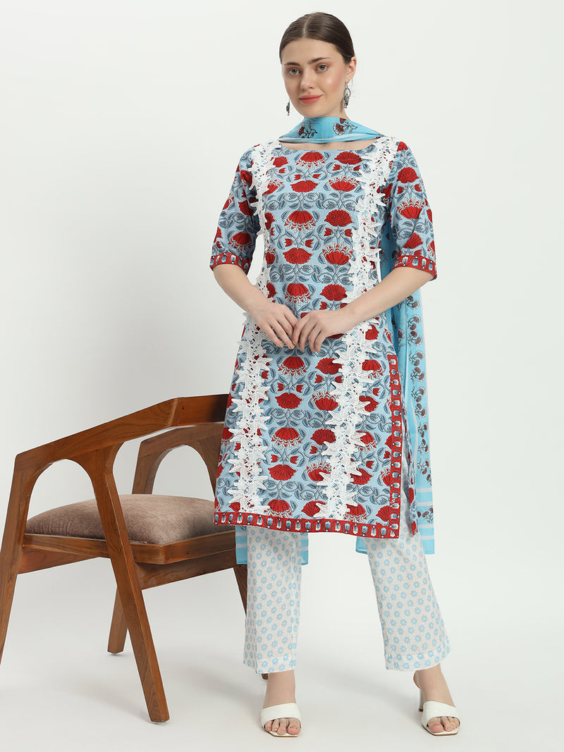 Cotton block print blue multicolor kurta set and dupatta with lace work 3 Pcs Set