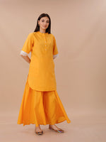 Yellow Cotton Shirt Kurta And Sharara Set With Lace Inserts At Sleeve Opening.