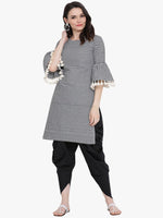 Black and white check with gathered sleeves and lace at its edge Straight kurta ONLY-Kurta-Fabnest