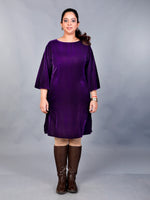 Purple velvet knee length dress with bell sleeves