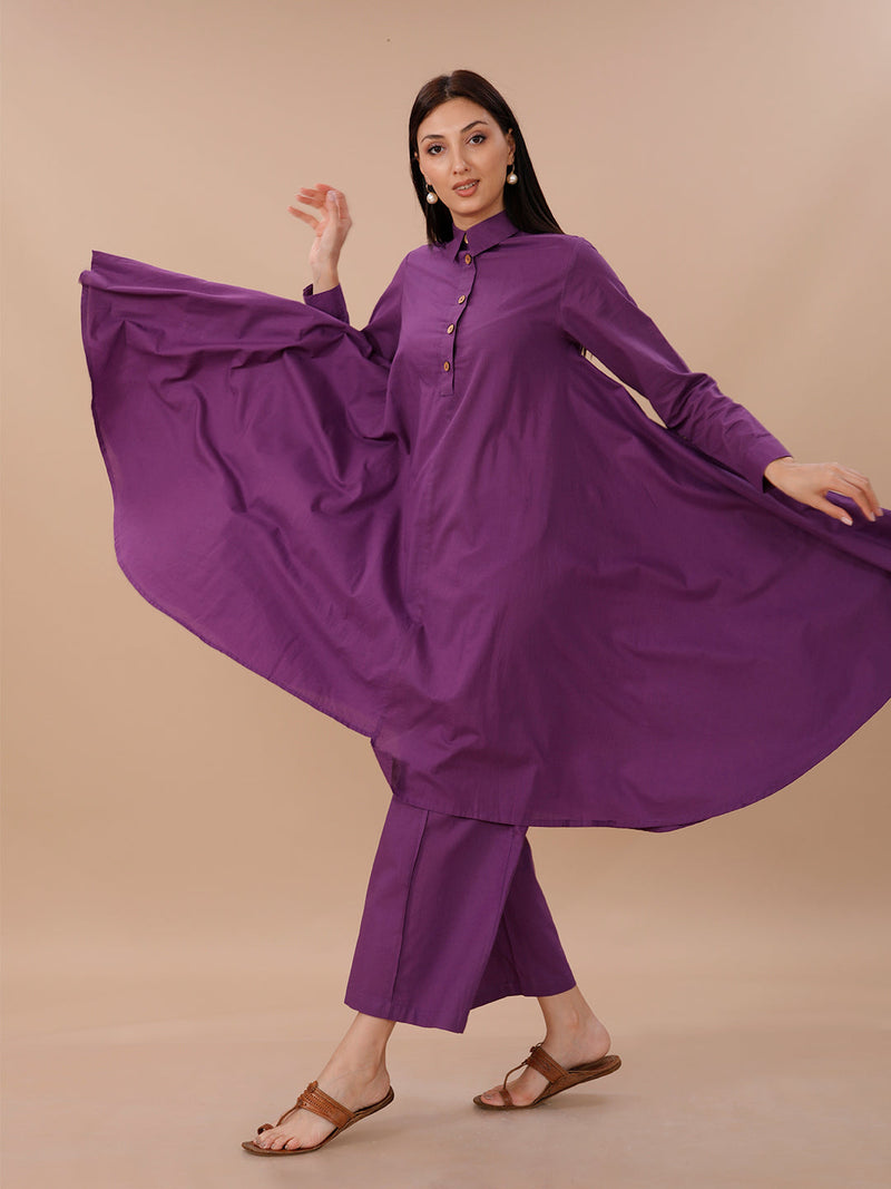 Purple Cotton Asymmetrical Kurta With Collar, Paired With Pants