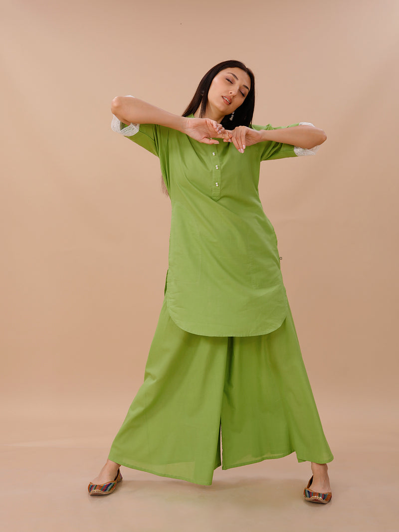 Green Cotton Shirt Kurta And Sharara Set With Lace Inserts At Sleeve Opening.