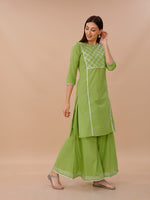 Green Cotton Sharara And Straight Kurta Set With Silver Gota Details