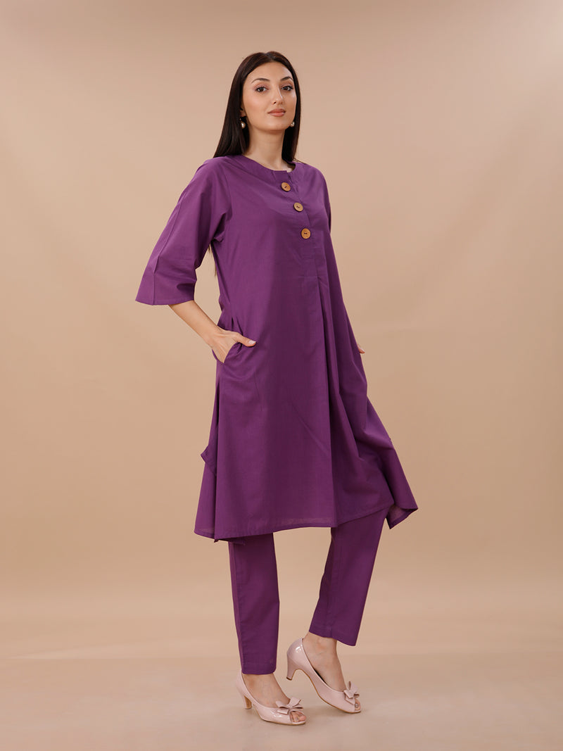 Purple Cotton A-line Kurta With Straight Pants