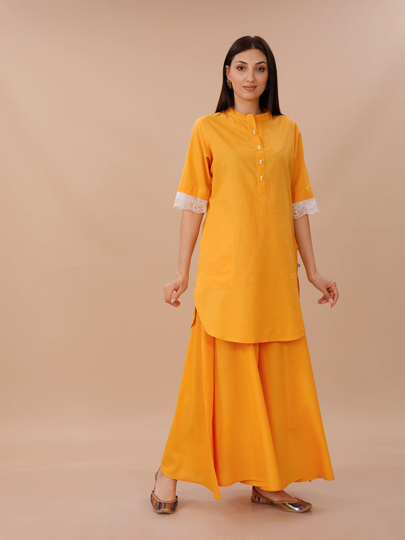 Yellow Cotton Shirt Kurta And Sharara Set With Lace Inserts At Sleeve Opening.