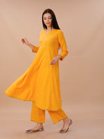 Yellow Cotton A Line Kurta With Loose Pants With Goldan Gota Details