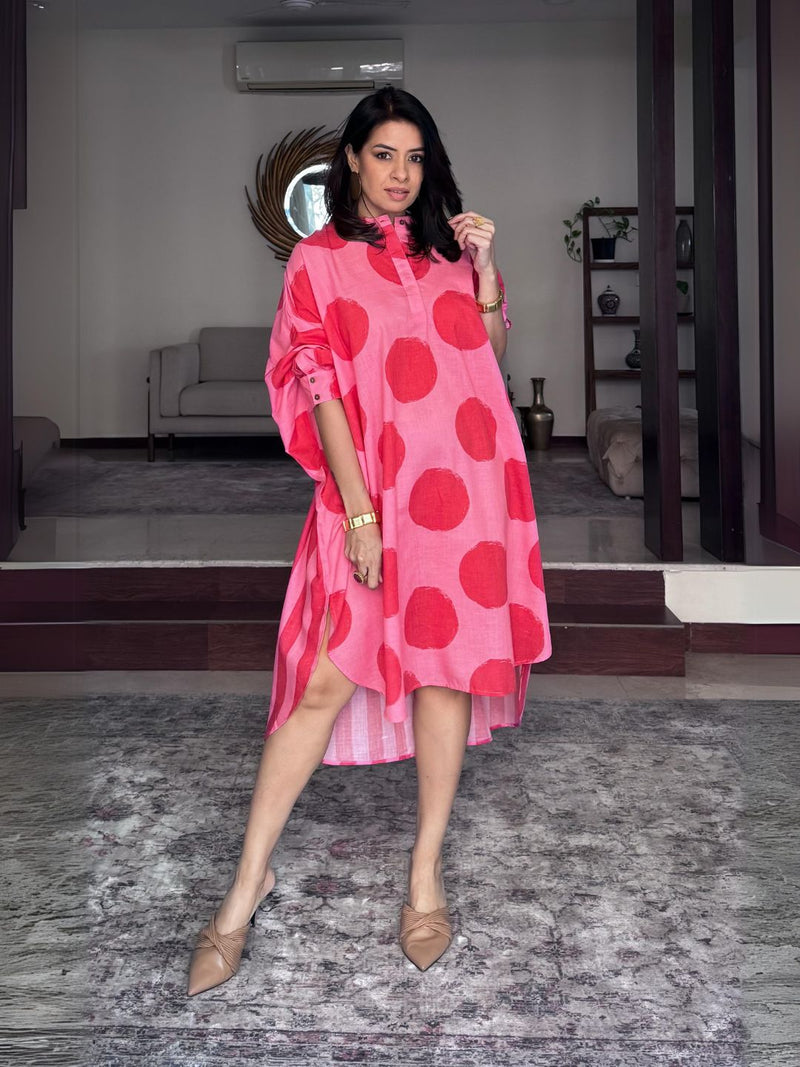 Loose fit kurta/tunic/dress in pink and red polka and stripes combo