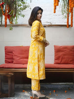 Yellow Cotton Print Aline Kurta with Gota Embellished Pant 2 pc Set (without Dupatta)